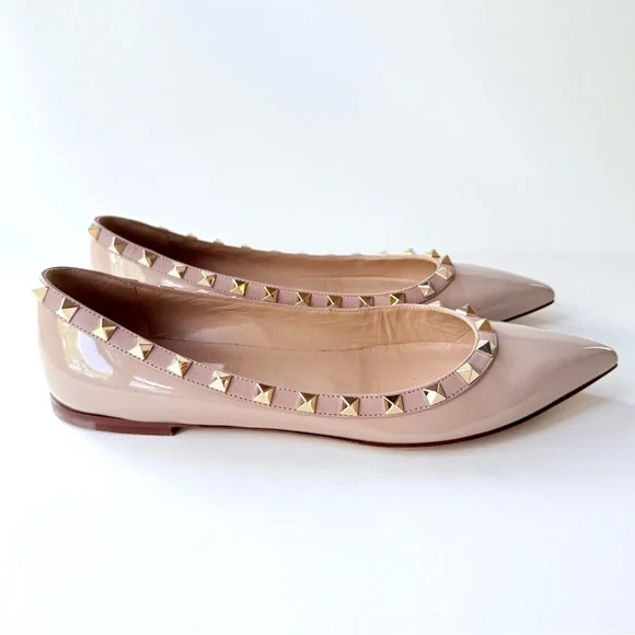 Valentino Garavani Rockstud Pointed Toe Flats Nude Beige Patent Leather 38.5 - Picture 2 of 15